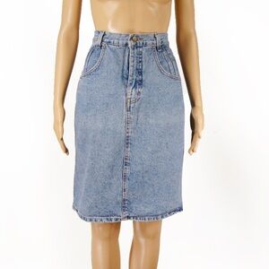 Vintage 90s French Dressing Paris High Waist  Light Blue Denim Midi Skirt